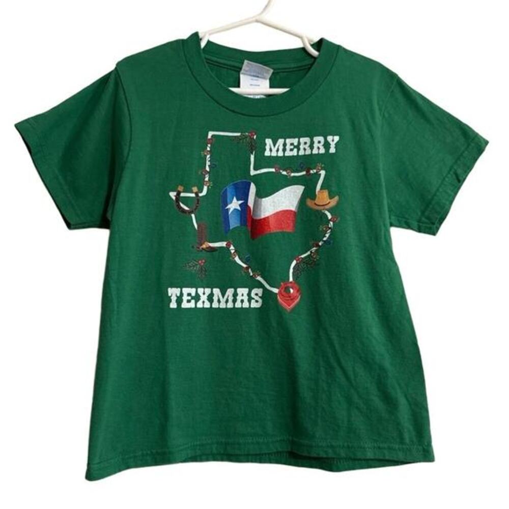 Gildan Short Sleeve T-Shirt Youth XS Green Christmas Texas Holiday Graphic Tee